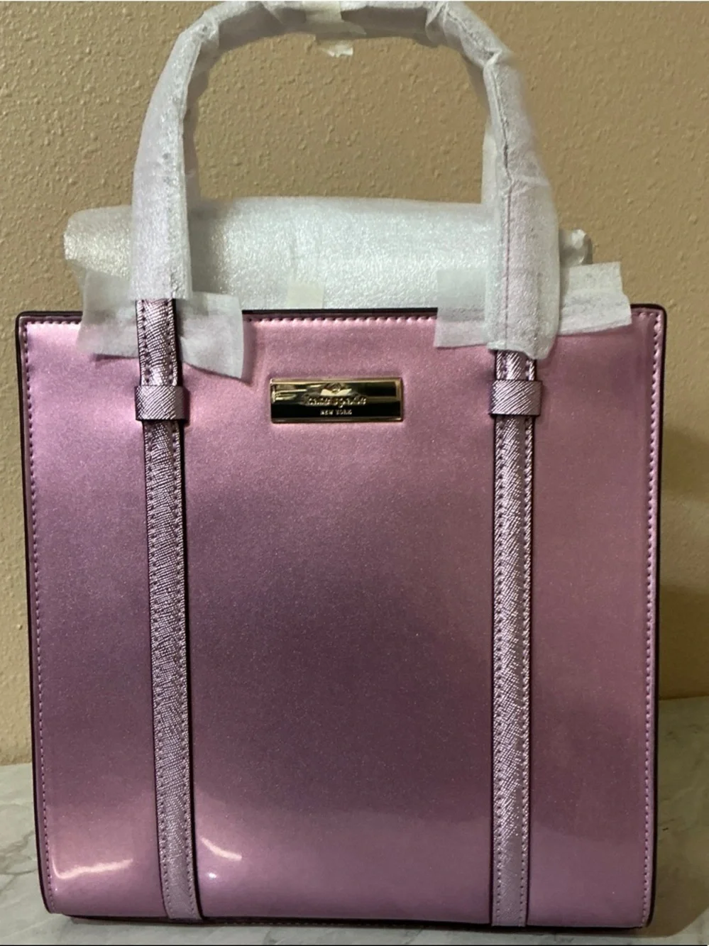 Kate Spade Mini Tote Patent Fabric Metallic Quartz Pink.
